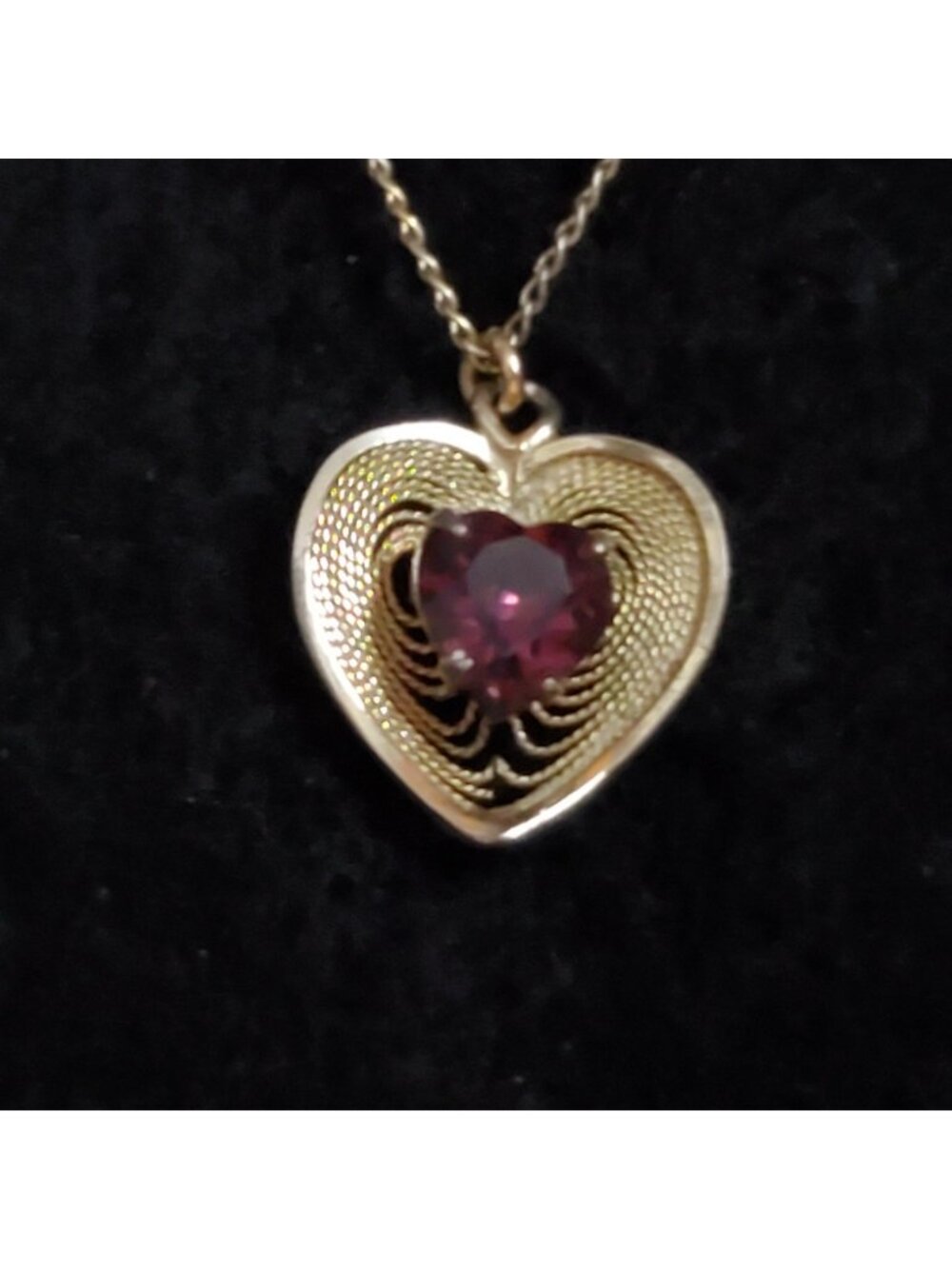 Vintage Filigree Heart Pendant Necklace Purple Rhinestone Gold Filled .5" 15"